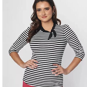 Unique Vintage Tie Neck Striped Black and White Top Sz M #0208